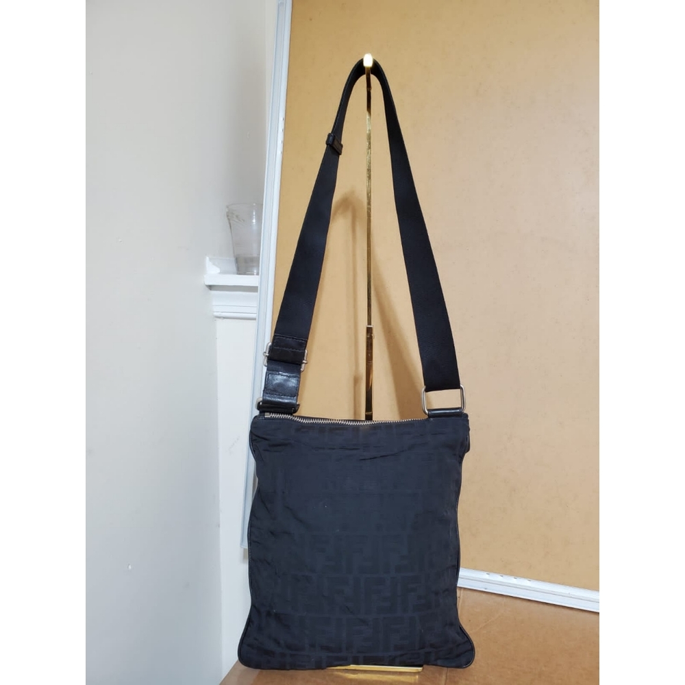 Fendi Black Zucca Front Zip Flat Messenger Bag - Picture 2 of 11